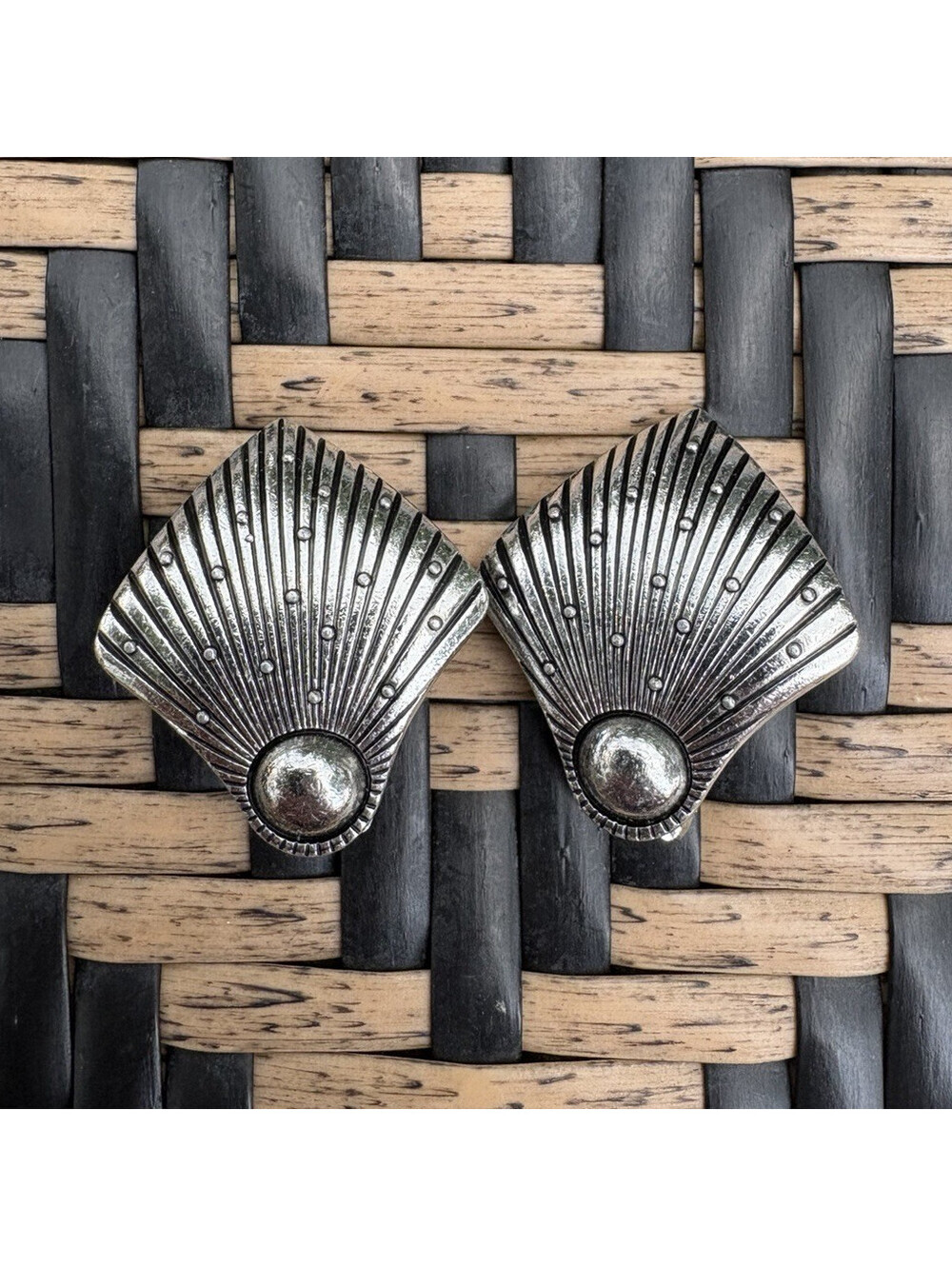 STAMPED GERMANY Silver Tone Metal Textured Fan Clip-On Earrings